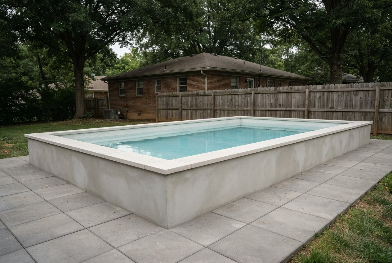 Above-grade precast plunge pool with paving sloped away.
