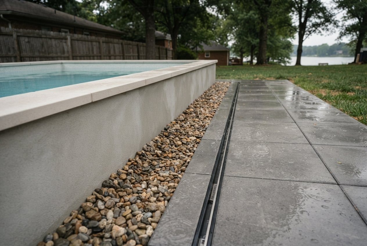 Drainage band and linear drain in paving beside an above-grade plunge pool.