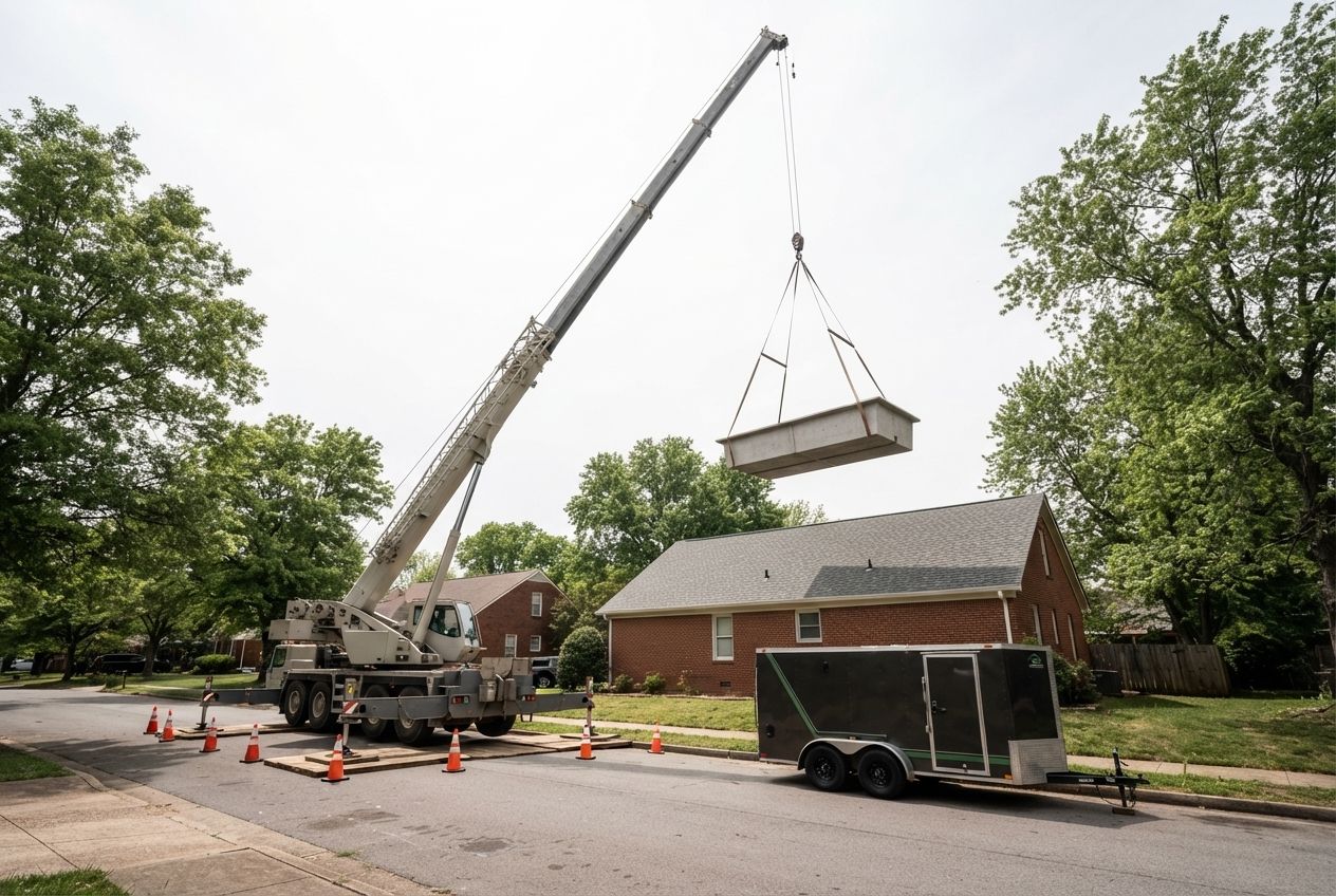 Mobile crane flying a precast plunge-pool shell over a house.