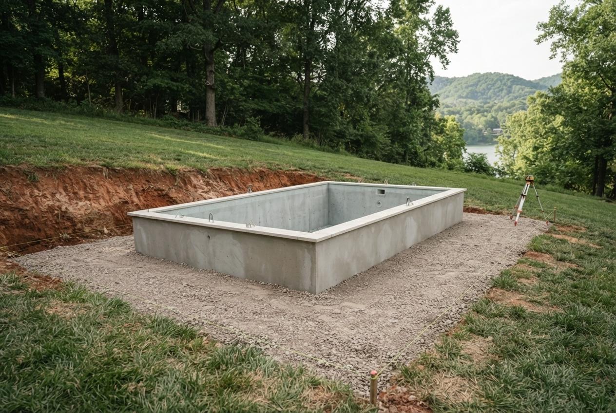 Precast pool shell set on a gravel base on a sloped lakeside lot.