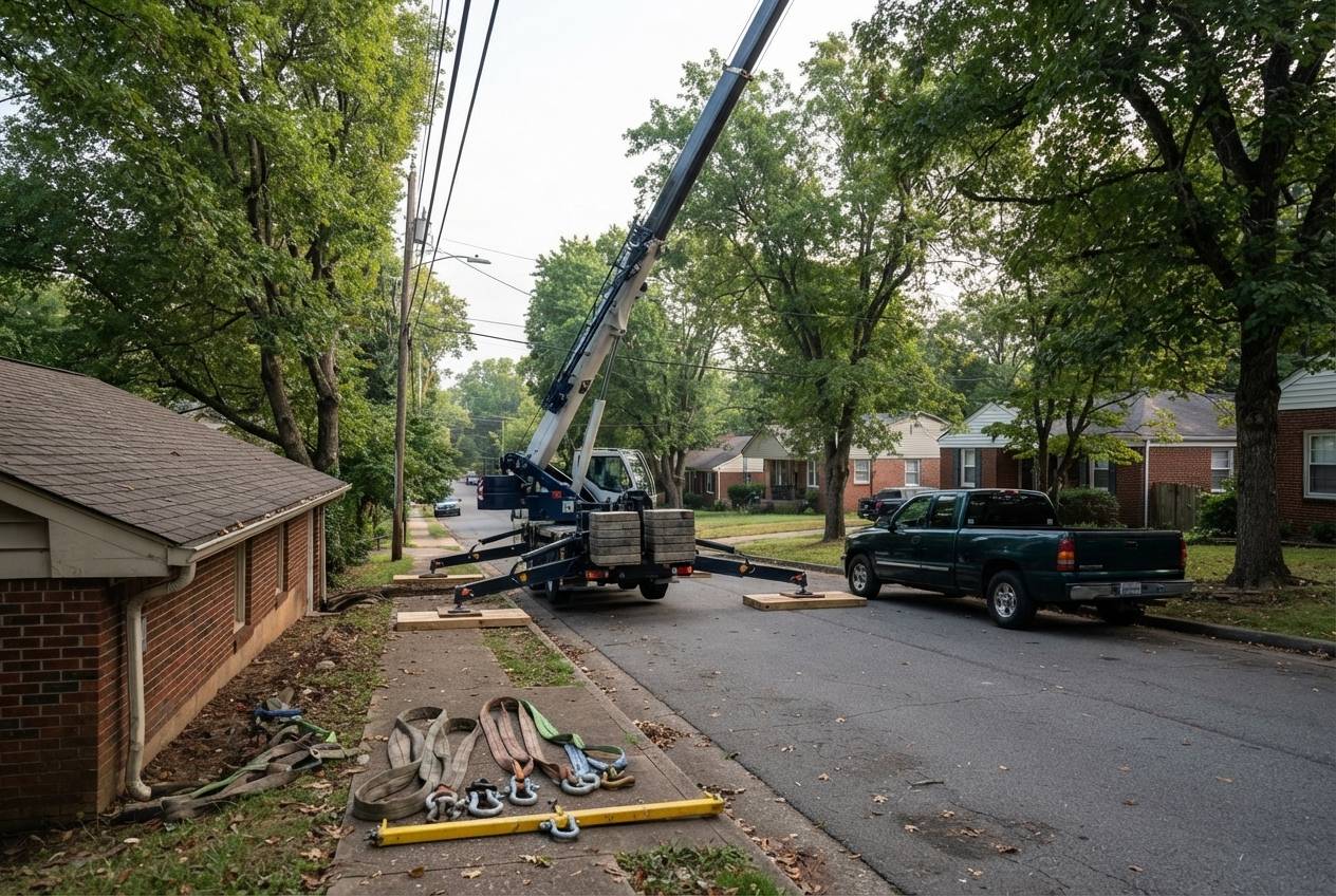 Tight residential street crane setup for a plunge-pool set.